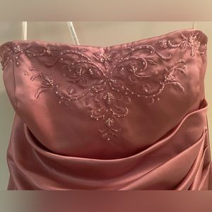 Full length strapless. Dusty Rose Satin Gown with beading.